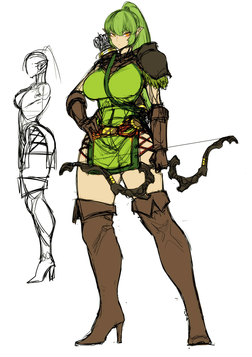 boots bow_(weapon) breasts brown_gloves commentary_request curvy elf gloves green_hair hand_on_hip high_heel_boots high_heels highres holding holding_weapon large_breasts long_hair long_legs makeup orange_eyes original pauldrons pointy_ears ponytail quiver sidelocks sketch slit_pupils solo space_jin thigh_boots thighhighs tunic weapon