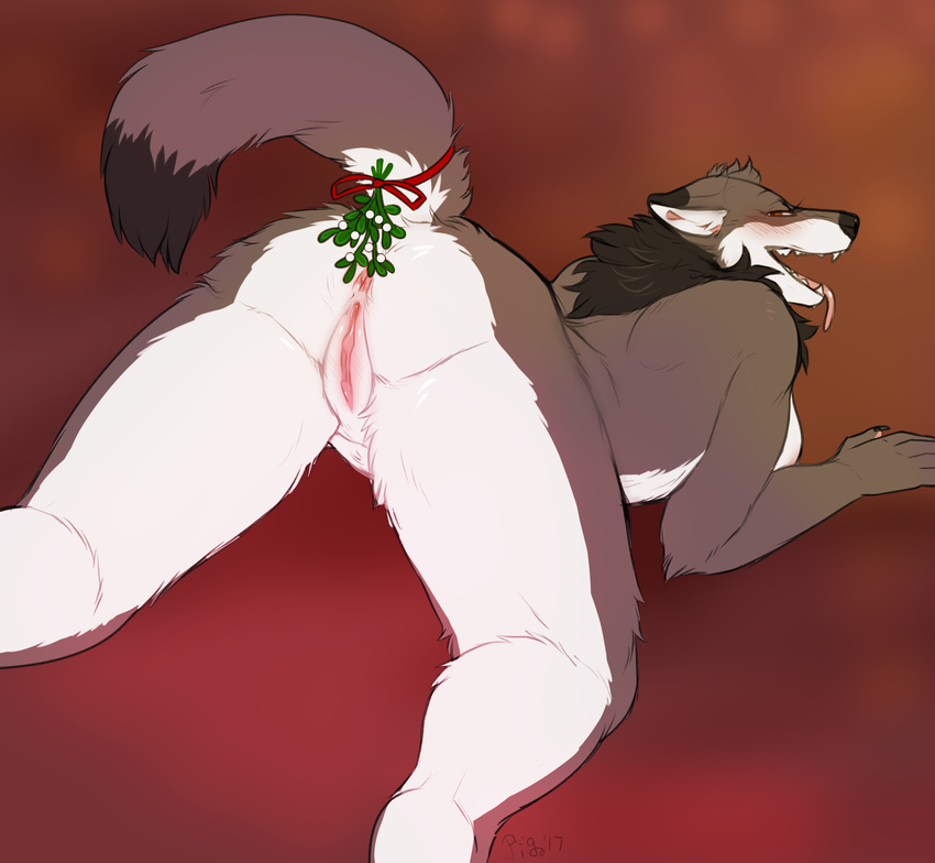 anthro anus berry bow breasts butt canine christmas claws ears_back fangs female food fruit holidays looking_at_viewer looking_back mammal mistletoe neck_tuft nude open_mouth pig_(artist) plant presenting presenting_hindquarters pussy raised_tail red_eyes ribbons side_boob solo tongue tongue_out tuft wolf