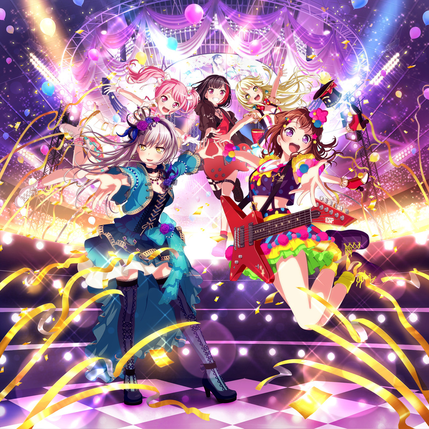 absurdres artist_request bang_dream! black_hair blonde_hair breasts brown_hair checkered checkered_floor choker cleavage cropped_jacket crown electric_guitar gloves grin guitar high_heels highlights highres instrument jumping lavender_hair maruyama_aya medium_breasts midriff minato_yukina mini_crown mitake_ran multicolored_hair multiple_girls official_art open_mouth outstretched_arms pink_hair pom_poms purple_eyes red_eyes red_hair single_thighhigh skirt smile thigh_strap thighhighs toyama_kasumi tsurumaki_kokoro twintails two-tone_hair yellow_eyes