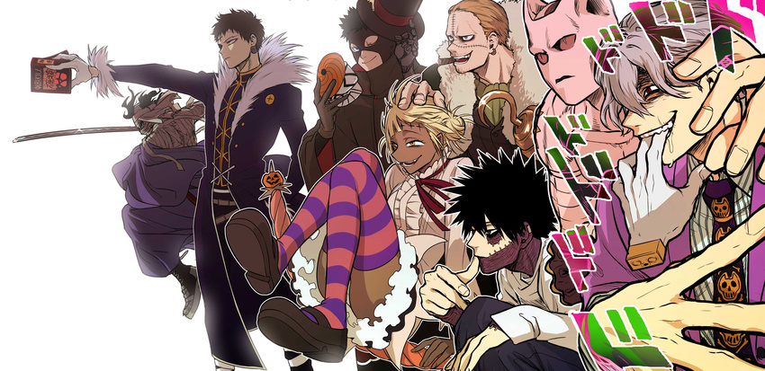 6+boys absurdres akaguro_chizome annotated bandages black_coat black_footwear black_gloves black_hair blonde_hair blue_eyes blue_pants boku_no_hero_academia book boots bubaigawara_jin cat_skull chisaki_kai chrollo_lucilfer cigar closed_mouth coat cosplay cross crossover d.gray-man dabi_(boku_no_hero_academia) dark_skin death_note denden_(dendenkiribaku) diamond_wa_kudakenai double_bun earrings fangs frilled_shirt frilled_skirt frills fur_collar gloves hand_on_another's_head hat hat_removed headwear_removed highres holding holding_book holding_hat hook_hand hunter_x_hunter jacket japanese_clothes jewelry jojo_no_kimyou_na_bouken katana killer_queen kira_yoshikage kira_yoshikage_(cosplay) l_(death_note) l_(death_note)_(cosplay) long_sleeves mask mask_removed multiple_boys naruto naruto_(series) neck_ribbon necktie one_eye_closed one_piece orange_eyes outstretched_arm pants prosthesis prosthetic_arm pumpkin purple_coat purple_jacket red_eyes ribbon road_kamelot road_kamelot_(cosplay) rurouni_kenshin sako_atsuhiro saliva scar severed_hand shigaraki_tomura shirt shishio_makoto shishio_makoto_(cosplay) shoes short_hair silver_hair sir_crocodile sir_crocodile_(cosplay) skirt smile stand_(jojo) stitches striped striped_legwear sword thighhighs tobi toga_himiko top_hat uchiha_obito umbrella weapon white_background white_gloves white_shirt yellow_eyes