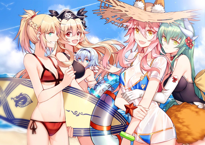 :d anne_bonny_(fate/grand_order) anne_bonny_(swimsuit_archer)_(fate) bangle bangs bare_shoulders bikini black_bikini black_hairband black_ribbon black_swimsuit blonde_hair blue_bikini blue_eyes blue_sky blush bracelet braid breasts casual_one-piece_swimsuit child cleavage condensation_trail cowboy_shot day ears_through_headwear elbow_gloves eyebrows_visible_through_hair facial_scar fangs fate/grand_order fate_(series) flower french_braid frilled_swimsuit frills front-tie_bikini front-tie_top gloves green_eyes green_hair hair_between_eyes hair_flower hair_ornament hairband hand_on_own_arm hand_up hat horns hug hug_from_behind innertube jewelry kiyohime_(fate/grand_order) kiyohime_(swimsuit_lancer)_(fate) long_hair looking_at_viewer mary_read_(fate/grand_order) mary_read_(swimsuit_archer)_(fate) medium_breasts mordred_(fate)_(all) mordred_(swimsuit_rider)_(fate) multiple_girls navel one-piece_swimsuit open_mouth outdoors parted_lips pirate_hat ponytail profile red_bikini red_eyes ribbon scar see-through shirt short_hair short_sleeves side-tie_bikini sidelocks silver_hair skull_and_crossbones sky smile standing stomach straw_hat sun_hat surfboard swimsuit tamamo_(fate)_(all) tamamo_no_mae_(swimsuit_lancer)_(fate) transparent very_long_hair wet wet_clothes wet_shirt white_bikini white_gloves white_shirt yellow_eyes yorukun