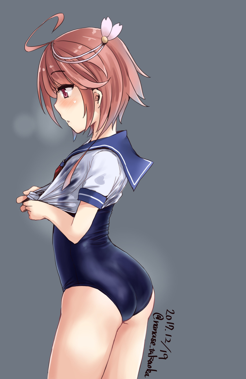 absurdres ahoge blue_sailor_collar breath cowboy_shot dated grey_background hair_ornament highres i-58_(kantai_collection) kantai_collection minase_(takaoka_nanase) neckerchief one-piece_swimsuit pink_hair red_eyes sailor_collar school_swimsuit school_uniform serafuku shirt_pull short_hair simple_background solo standing swimsuit swimsuit_under_clothes twitter_username wet wet_clothes