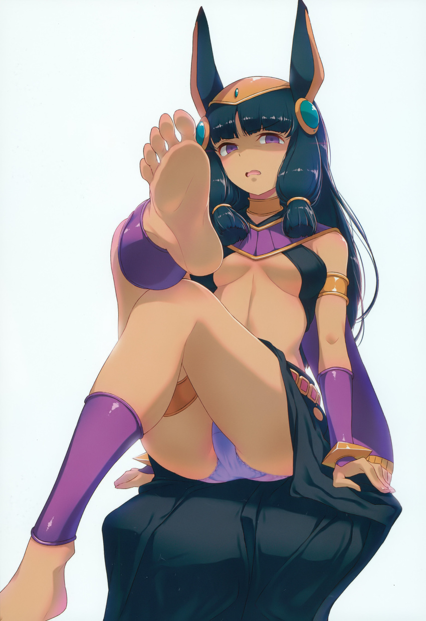 1girl 40hara armlet barefoot character_request dark_skin feet headdress highres long_hair looking_at_viewer one_leg_raised panties pov purple_eyes scan sitting soles source_request toes