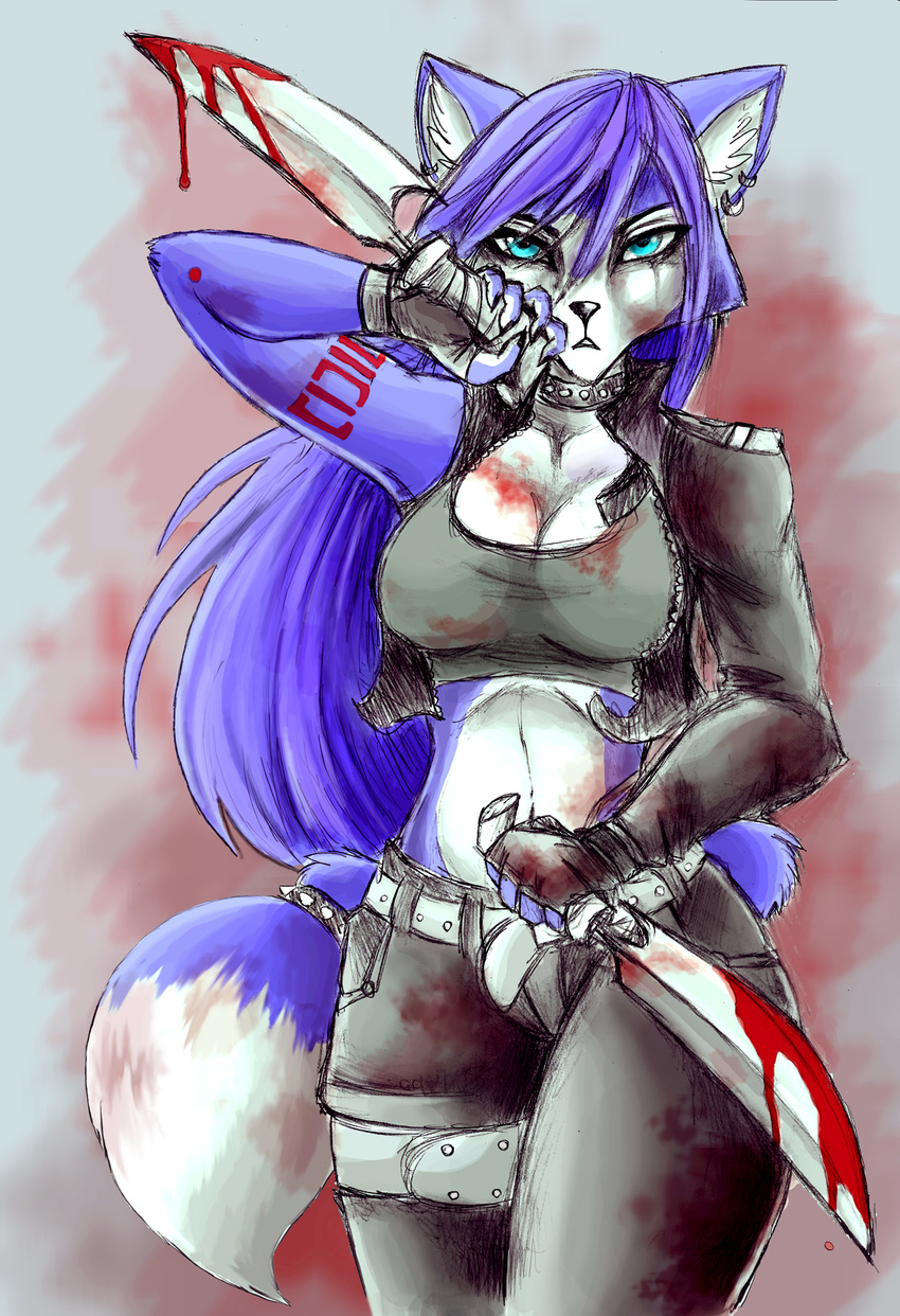 anthro asymmetry belt blood bloodied blue_fur breasts canine choker clothed clothing collar dagger ear_piercing fashionable_asymmetry fingerless_gloves fox fur gloves hair invalid_tag knife krystal kursed_(star_fox) long_hair mammal melee_weapon midriff naaraskettu nintendo one-sleeved_jacket pants piercing scar shirt solo star_fox tank_top video_games weapon white_fur zipper