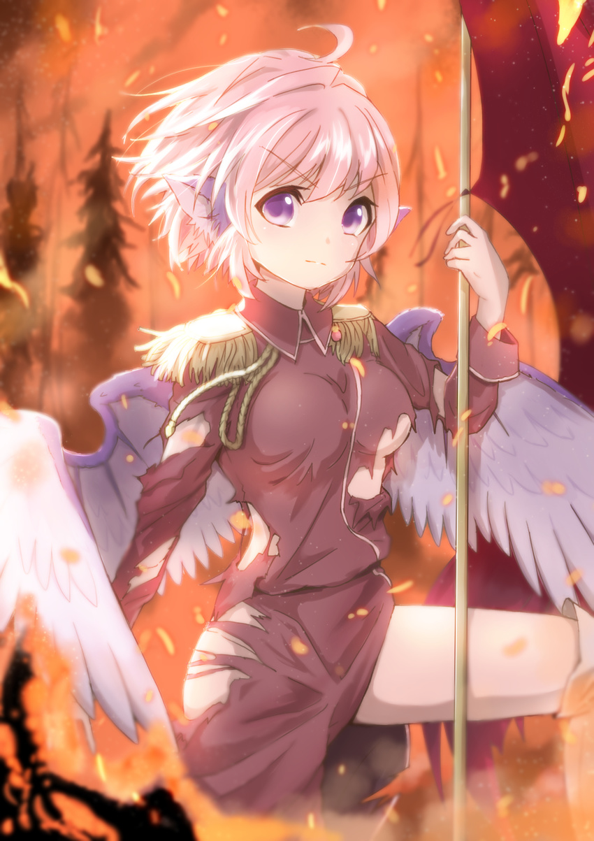 ahoge aiguillette animal_ears bird_wings breasts commentary_request epaulettes fire flag flagpole highres kotarou_(yukina1721) large_breasts looking_at_viewer military military_uniform mystia_lorelei pink_hair purple_eyes shirt short_hair solo torn_clothes torn_shirt touhou underboob uniform wings