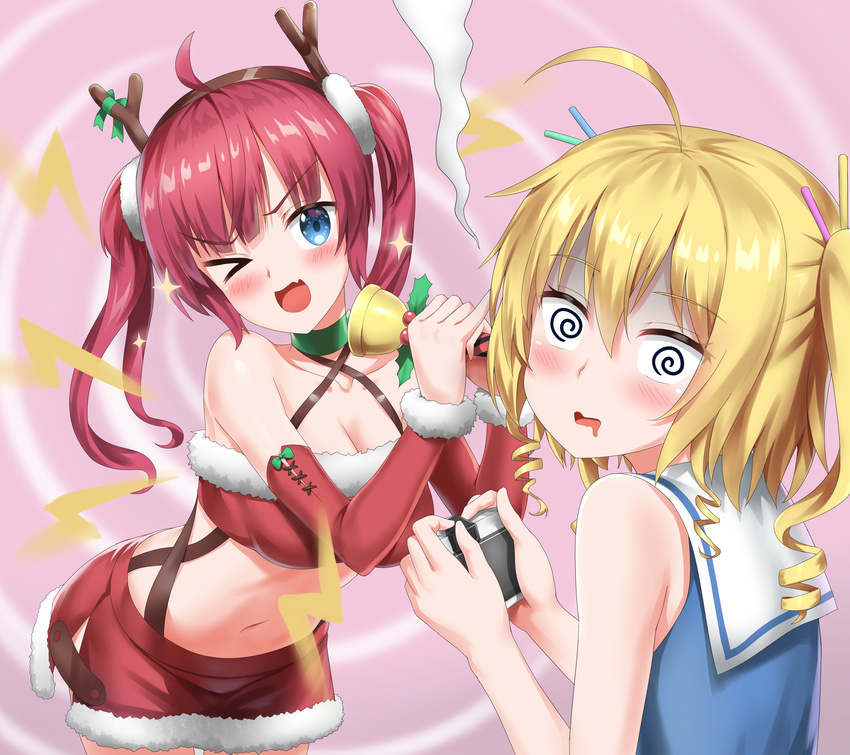 &gt;_o :d @_@ absurdres ahoge antlers azur_lane bad_singing bandeau bangs bell blonde_hair blue_eyes blue_shirt blush camera choker commentary_request criss-cross_halter eyebrows_visible_through_hair fake_antlers fang fur-trimmed_skirt green_choker gridley_(azur_lane) hair_between_eyes halterneck head_tilt highres holding holding_camera lightning_bolt long_hair looking_at_another looking_to_the_side midriff miniskirt multiple_girls navel nedia_(nedia_region) one_eye_closed open_mouth red_bandeau red_hair red_skirt reindeer_antlers ringlets sailor_collar sailor_shirt saliva san_diego_(azur_lane) shirt skirt sleeveless sleeveless_shirt smile smoke twintails two_side_up v-shaped_eyebrows white_sailor_collar