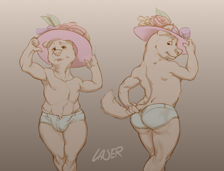 abs anthro bulge butt canine clothed clothing flower girly hat laserpaints looking_at_viewer male mammal muscular navel nipples plant shorts simple_background smile solo standing topless