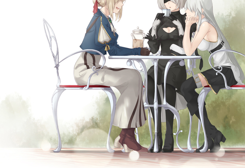 azur_lane bare_shoulders black_blindfold black_clothes black_footwear black_legwear black_skirt blindfold blonde_hair blue_jacket boots braid breasts brown_footwear chair cleavage_cutout cross-laced_footwear cup enterprise_(azur_lane) faceless gloves hair_ribbon head_on_hand head_out_of_frame highres holding holding_cup ishikawa_yui jacket knee_boots lace-up_boots large_breasts long_hair long_skirt miniskirt multiple_girls necktie nier_(series) nier_automata outdoors pleated_skirt puffy_sleeves ribbon saruno_(eyesonly712) seiyuu_connection shirt sideboob silver_hair sitting skirt sleeveless sleeveless_shirt table tea teacup teapot thigh_boots thighhighs underbust violet_evergarden violet_evergarden_(character) white_skirt yorha_no._2_type_b