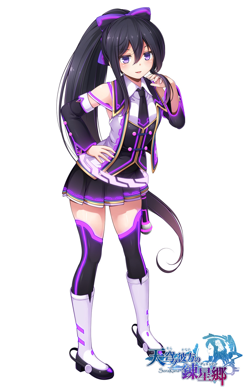 absurdres bad_id bad_pixiv_id bangs bare_shoulders black_bow black_hair black_legwear black_neckwear black_skirt boots bow collared_shirt commentary_request copyright_name detached_sleeves eyebrows_visible_through_hair full_body hair_between_eyes hair_bow hand_on_hip hand_up high_ponytail highres knee_boots komimiyako legs_apart long_hair looking_at_viewer microphone miniskirt necktie official_art open_clothes open_vest parted_lips pleated_skirt ponytail purple_bow purple_eyes shiny shiny_hair shirt sidelocks simple_background skirt sleeveless sleeveless_shirt smile solo sora_no_kanata_no_dystopia_x_shitei standing thighhighs very_long_hair vest white_background white_footwear white_vest zettai_ryouiki