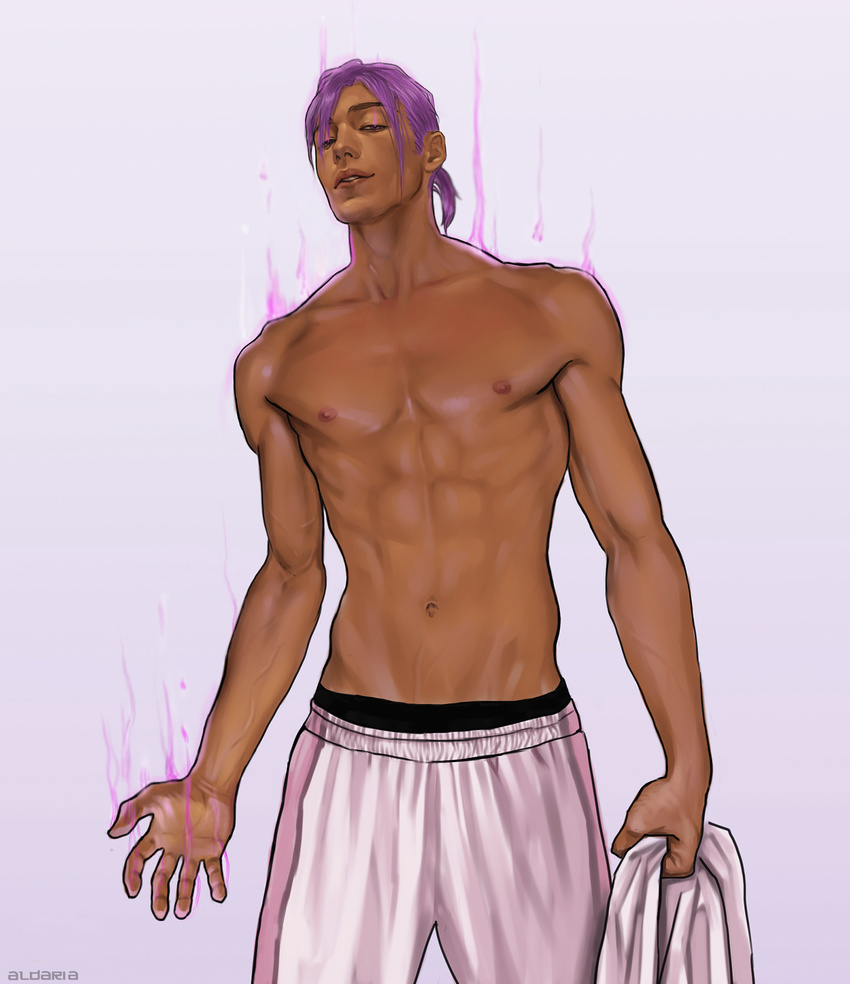 1boy aldaria male_focus nipples presenting purple_hair smile solo sportswear topless undressing