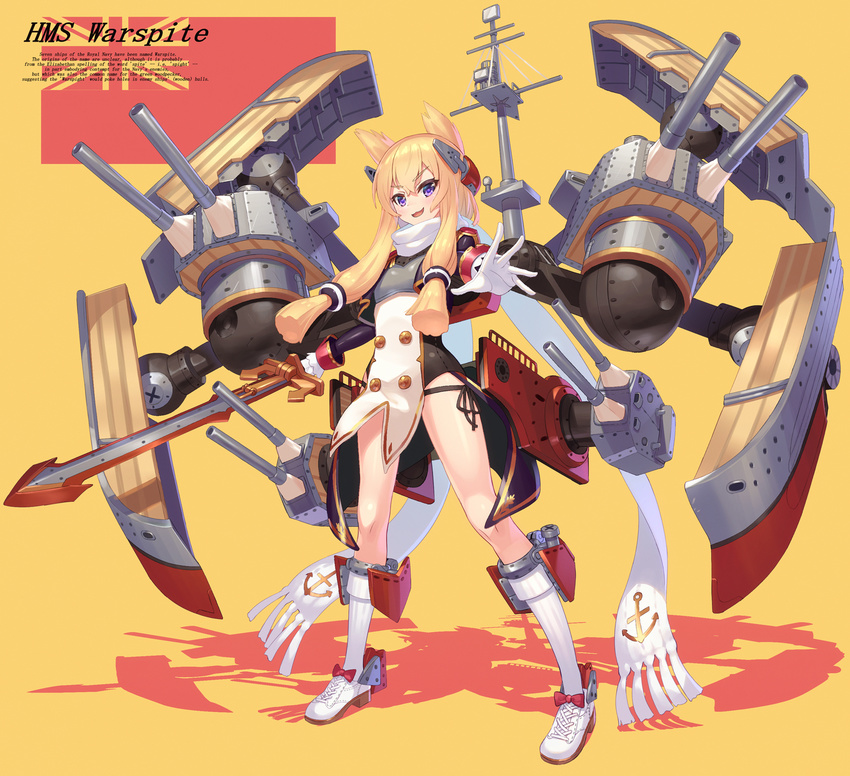 :3 :d anchor_symbol animal_ears azur_lane bangs black_panties blonde_hair blush bow breasts cannon cat_ears character_name commentary_request cropped_jacket english eyebrows_visible_through_hair fringe_trim gloves hair_between_eyes headgear highres holding holding_sword holding_weapon jacket kaina_(tsubasakuronikuru) kneehighs long_sleeves looking_at_viewer machinery open_mouth outstretched_arm panties pink_bow purple_eyes purple_jacket scarf shirt shoes short_hair_with_long_locks side-tie_panties sidelocks small_breasts smile sneakers solo standing sword turret underwear v-shaped_eyebrows warspite_(azur_lane) weapon white_gloves white_legwear white_scarf white_shirt yellow_background