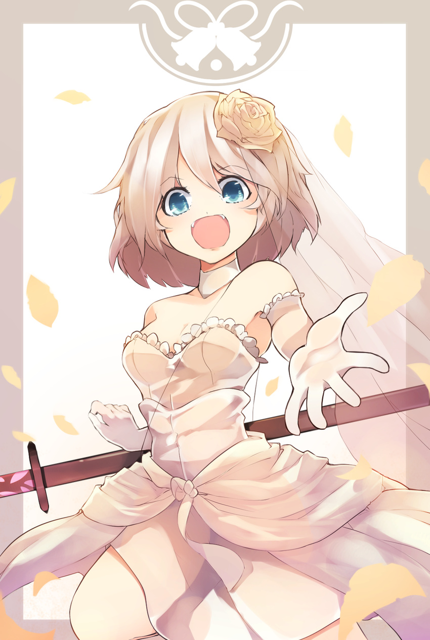 bare_shoulders blue_eyes breasts bridal_veil chiroru_(cheese-roll) choker commentary_request dress elbow_gloves flower gloves hair_flower hair_ornament highres konpaku_youmu looking_at_viewer medium_breasts open_mouth petals reaching_out sheath sheathed short_hair smile solo strapless strapless_dress sword touhou veil weapon wedding_dress white_choker white_dress white_gloves white_hair