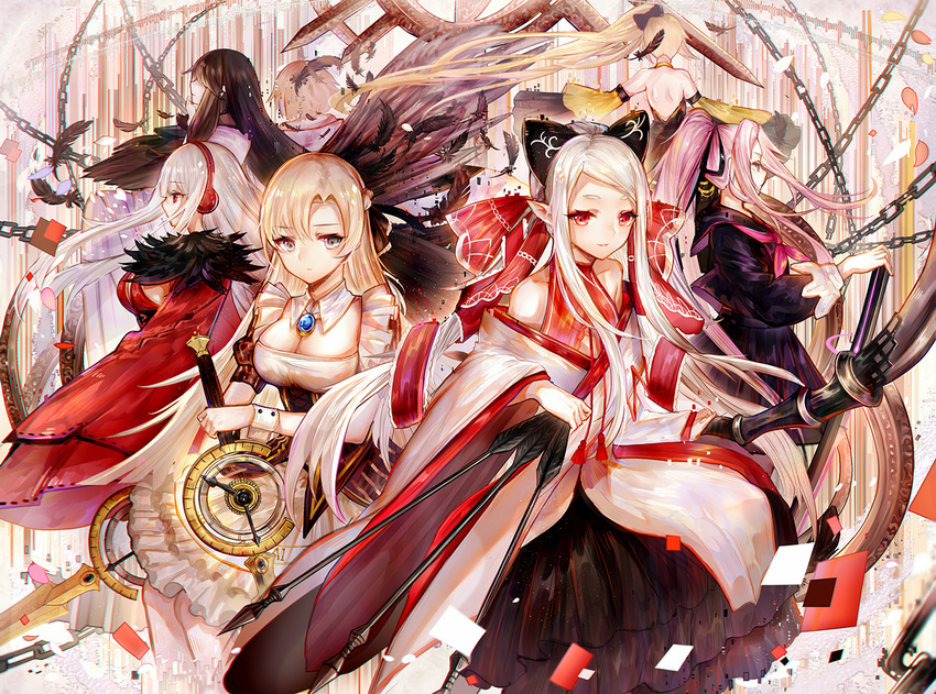 angel black_hair blonde_hair bow breasts chain cleavage dress elsword feathers gray_eyes group headphones japanese_clothes long_hair pink_hair pointed_ears ponytail red_eyes seifuku skirt sword tagme_(artist) tagme_(character) weapon white_hair wings