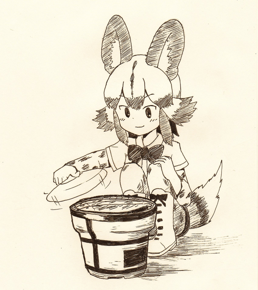 african_wild_dog_(kemono_friends) animal_ears boots bow bowtie dog_ears dog_tail fan fish grill highres holding kemono_friends long_sleeves monochrome paper_fan saury shichirin short_over_long_sleeves short_sleeves solo tail uchiwa uepon_(shimo_ponzu)