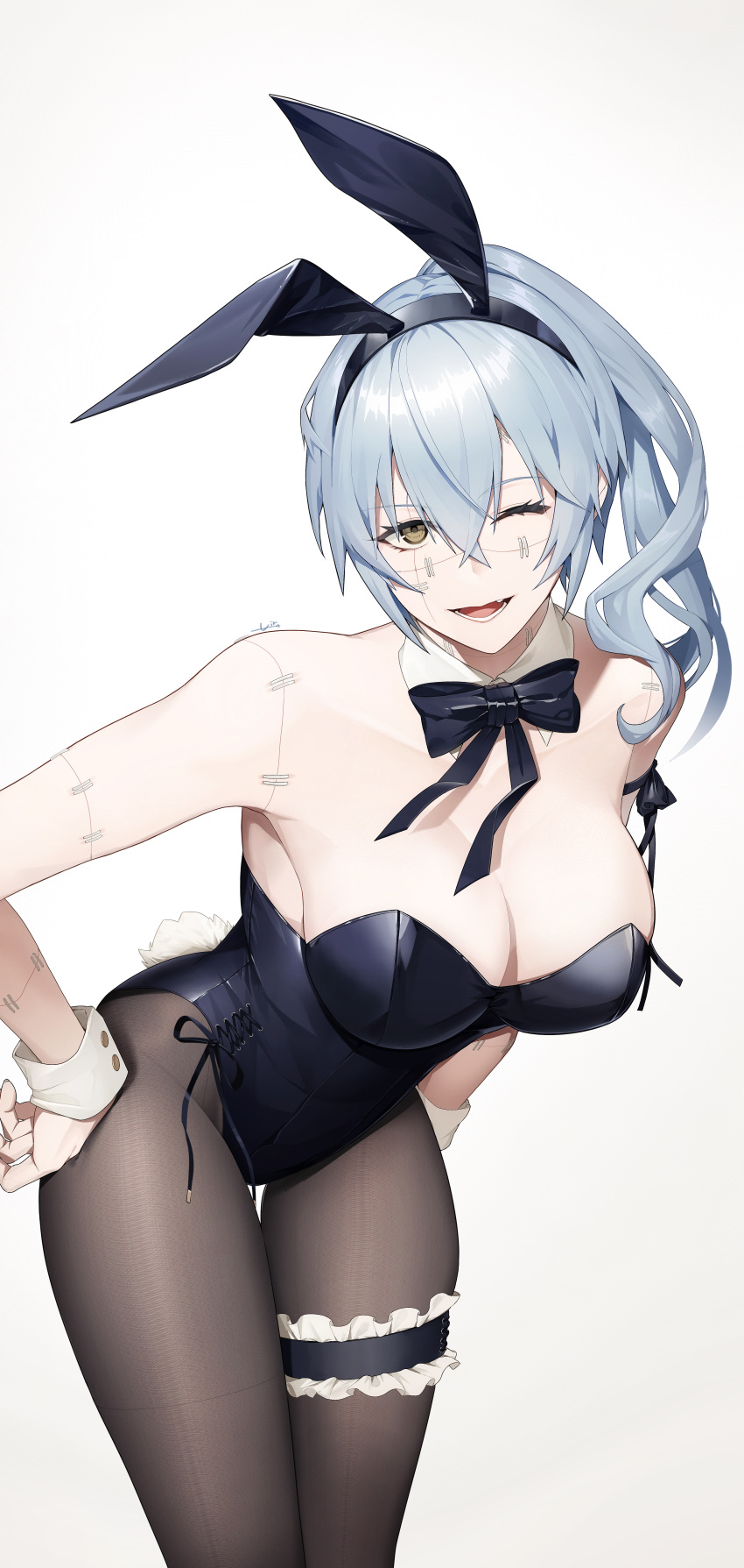 1girl ;d absurdres air_(ai_r_) alternate_costume animal_ears arm_ribbon artist_name black_bow black_hairband black_leotard black_ribbon blue_hair bow bowtie breasts brown_pantyhose cleavage collarbone cowboy_shot cross-laced_clothes cross-laced_leotard crossed_bangs detached_collar fake_animal_ears fake_tail fang frilled_thigh_strap genderswap genderswap_(mtf) hair_between_eyes hair_over_shoulder hairband hand_on_own_thigh highleg highleg_leotard highres jujutsu_kaisen large_breasts leaning_forward leotard long_hair looking_at_viewer mahito_(jujutsu_kaisen) one_eye_closed open_mouth pantyhose playboy_bunny ponytail rabbit_ears rabbit_tail ribbon scar scar_across_eye scar_on_face signature simple_background smile solo stitched_face stitched_neck stitches strapless strapless_leotard tail thigh_strap wavy_hair white_background wrist_cuffs yellow_eyes