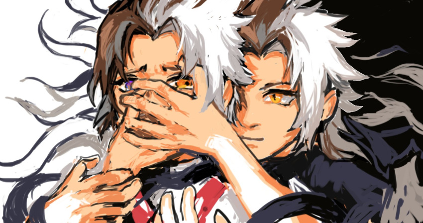 2boys black_shirt brown_hair commentary covering_another's_mouth dark_persona dual_persona evil_smile hands_up heterochromia kingdom_hearts kingdom_hearts_birth_by_sleep male_focus multicolored_hair multiple_boys parted_bangs pointy_ears purple_eyes restrained shirt slit_pupils smile snoozaga spiked_hair split-color_hair tentacles tentacles_on_male terra-xehanort upper_body white_hair yellow_eyes