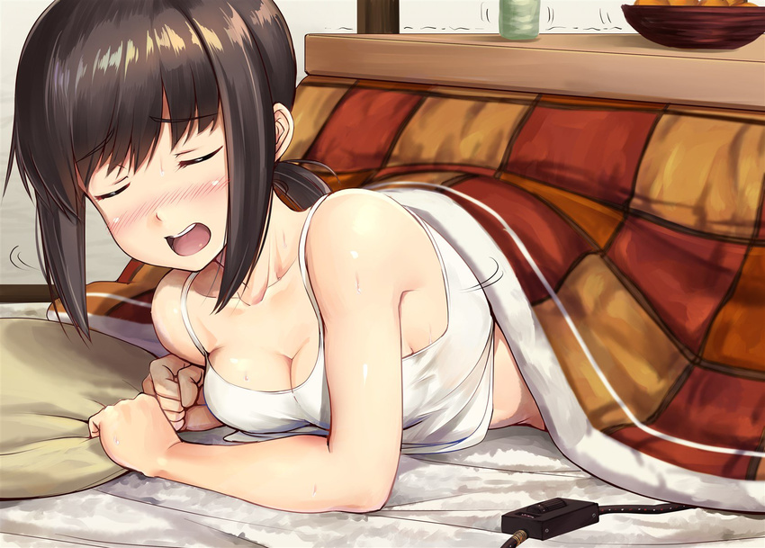 bangs bare_arms bare_shoulders blush bowl breasts brown_hair cleavage closed_eyes collarbone cup eyebrows_visible_through_hair facing_viewer fubuki_(kantai_collection) highres ichikawa_feesu indoors kantai_collection kotatsu low_ponytail lying medium_breasts motion_lines nose_blush on_floor on_stomach open_mouth pillow pillow_grab round_teeth shirt sidelocks sleeveless solo sweat table teeth trembling under_kotatsu under_table upper_body white_shirt