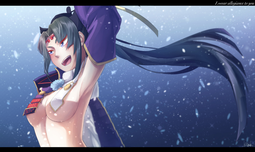 akaji_(alpha0107) arm_up armpits bangs black_hair blue_eyes breasts detached_sleeves english fate/grand_order fate_(series) highres long_hair medium_breasts open_mouth parted_bangs revealing_clothes snowing solo underboob upper_body ushiwakamaru_(fate/grand_order) very_long_hair