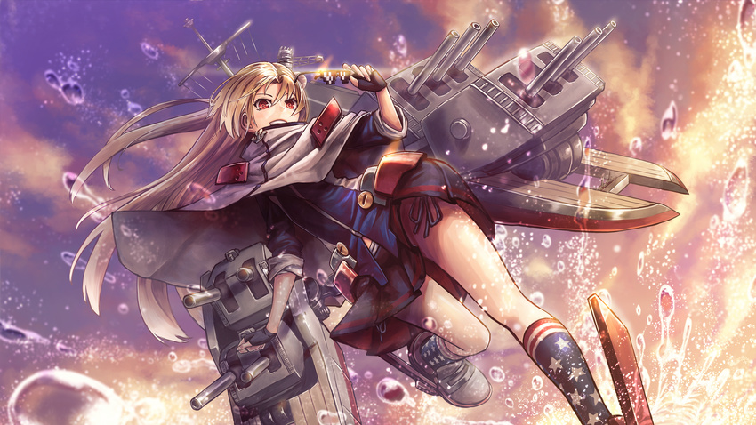 american_flag_legwear anchor azur_lane blonde_hair blurry boots cannon cape cleveland_(azur_lane) cloud deal_with_it depth_of_field dutch_angle eyewear_removed feet_out_of_frame fingerless_gloves gloves grin highres holding holding_eyewear kuroi_susumu long_hair looking_at_viewer machinery md5_mismatch multicolored multicolored_clothes multicolored_legwear outdoors panties red_eyes side-tie_panties skirt sky sleeves_rolled_up smile socks solo splashing standing standing_on_one_leg star star_print sunglasses sunlight turret twilight underwear water water_drop