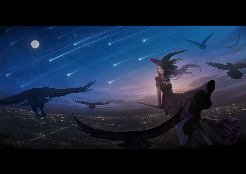 bird blue_sky breasts broom broom_riding city city_lights cleavage closed_mouth crow dress fantasy floating_hair flying full_moon hat hat_feather jewelry landscape letterboxed long_dress long_hair medium_breasts moon necklace night night_sky original outdoors purple_dress sachi_(yumemayoi) scenery shooting_star short_sleeves sidesaddle sky smile star_(sky) starry_sky witch witch_hat