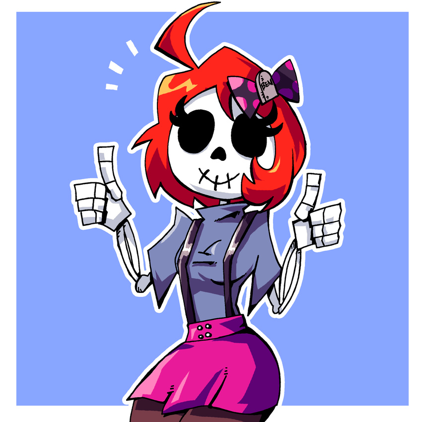 animated_skeleton blue_background bone border bow breasts clothed clothing digital_drawing_(artwork) digital_media_(artwork) eyelashes female fully_clothed hair hair_bow hair_ribbon hi_res looking_at_viewer monster_girl_gamu not_furry outline reaction_image red_hair ribbons setz simple_background skeleton skelly skirt smile solo thumbs_up undead white_border