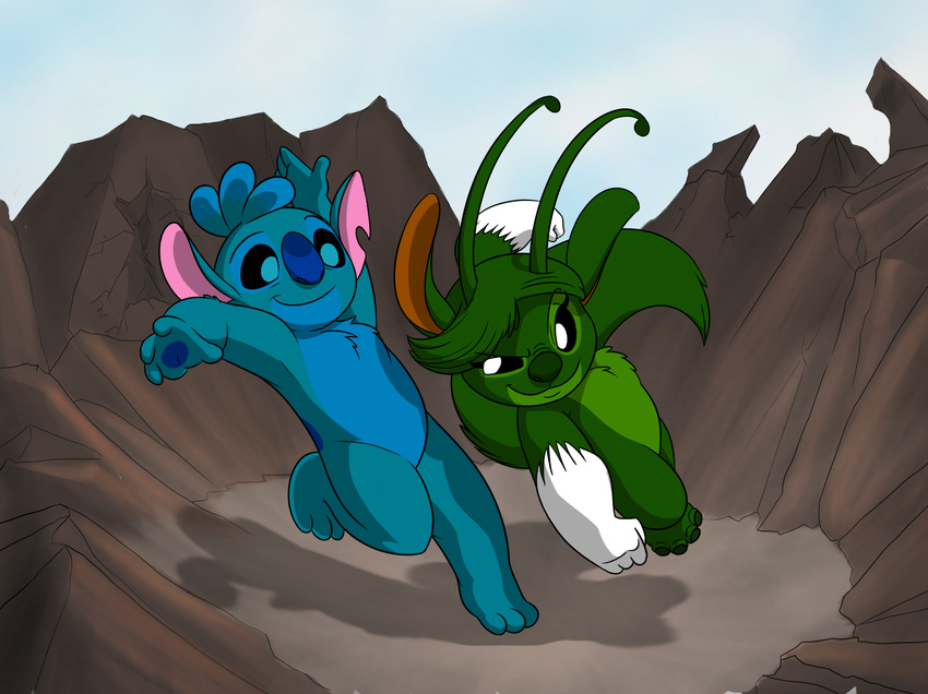 2014 3_toes 4_fingers 4_toes alien antennae back_markings black_eyes blue_fur blue_nose blue_pupils chest_tuft digital_drawing_(artwork) digital_media_(artwork) disney duo experiment_(species) eyelashes fan_character fight fist fur gloves_(marking) green_fur green_hair green_nose hair juju_(jut5star) kawaeko lilo_and_stitch markings mickeymonster notched_ear outside smile toes tuft white_pupils