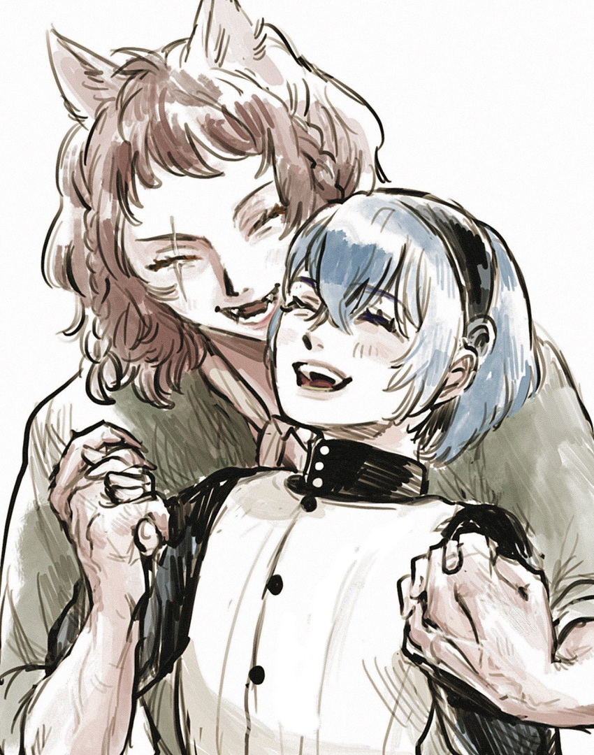 animal_ears arms_up basilio_(metaphor:_refantazio) black_shirt blue_hair braid brown_hair collared_shirt commentary_request dark_blue_hair fangs green_shirt hairband highres holding_hands interlocked_fingers layered_clothes long_sleeves medium_hair metal_hairband metaphor:_refantazio open_mouth pinkpinkonse protagonist_(metaphor:_refantazio) scar scar_across_eye scar_on_face shirt short_hair short_sleeves side_braid simple_background teeth upper_body upper_teeth_only vest white_background