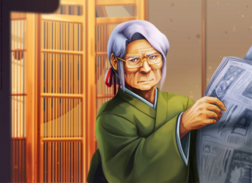 brown_eyes commentary frown glasses grey_hair hair_ribbon highres japanese_clothes kimi_no_na_wa kimono melisaongmiqin meme miyamizu_hitoha newspaper old_woman red_ribbon ribbon tommy_lee_jones upper_body wrinkles