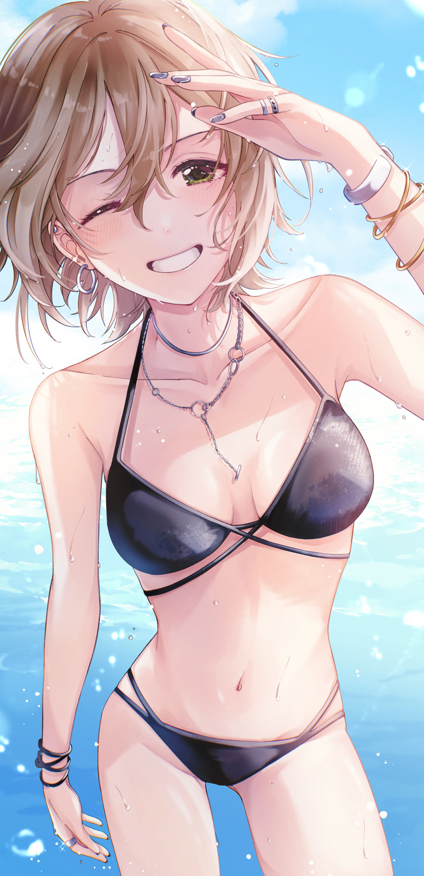 1girl ;d absurdres armpits bikini black_bikini bracelet breasts breasts_apart brown_hair collarbone earrings fingernails green_eyes hair_between_eyes halterneck highres hoop_earrings idolmaster idolmaster_cinderella_girls jewelry kimura_natsuki kumatsuki_(no-kirin) looking_at_viewer nail_polish navel necklace one_eye_closed short_hair small_breasts smile solo stomach string_bikini swimsuit thighhighs