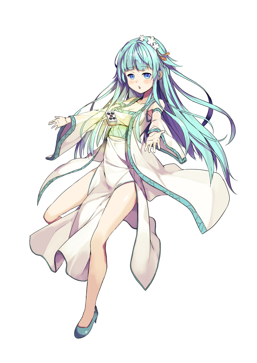 absurdres aqua_hair blue_eyes china_dress chinese_clothes commentary_request detached_sleeves dress eyebrows_visible_through_hair floating flower full_body green_footwear hair_flower hair_ornament hanfu high_heels highres legs long_dress long_hair maechuu mahjong mahjong_tile open_mouth original outstretched_arms parted_lips revision robe shoes side_slit solo telekinesis white_background white_dress wide_sleeves