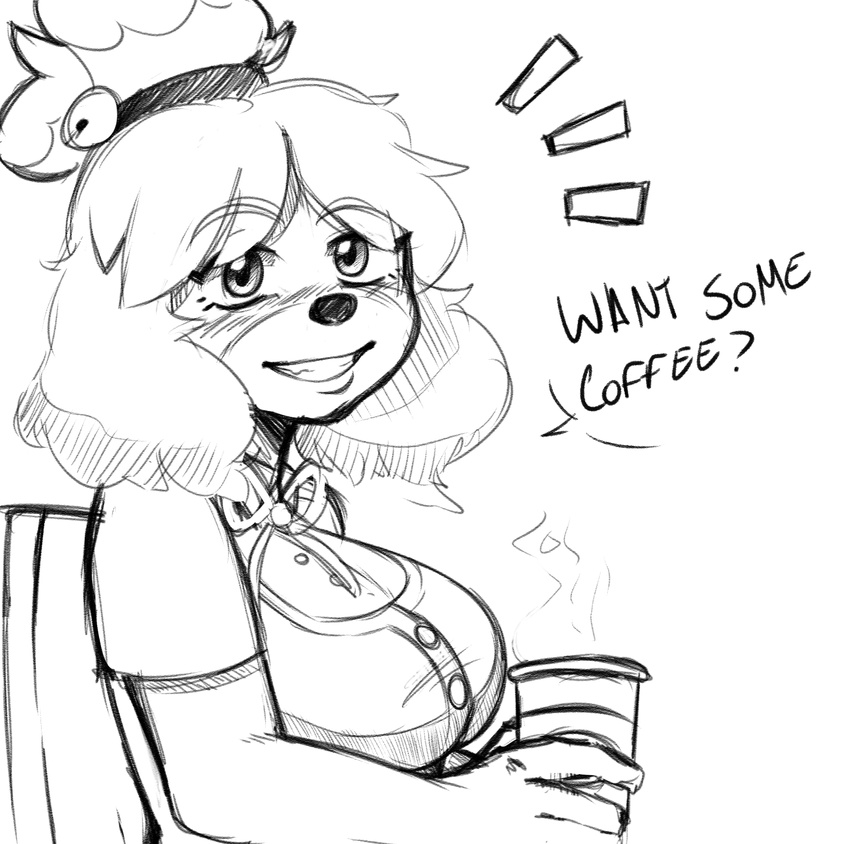 animal_crossing anthro beverage big_breasts black_and_white breasts canine coffee dialogue dog english_text female grin isabelle_(animal_crossing) looking_at_viewer mammal monochrome nintendo noodle-lu smile solo speech_bubble talking_to_viewer text video_games