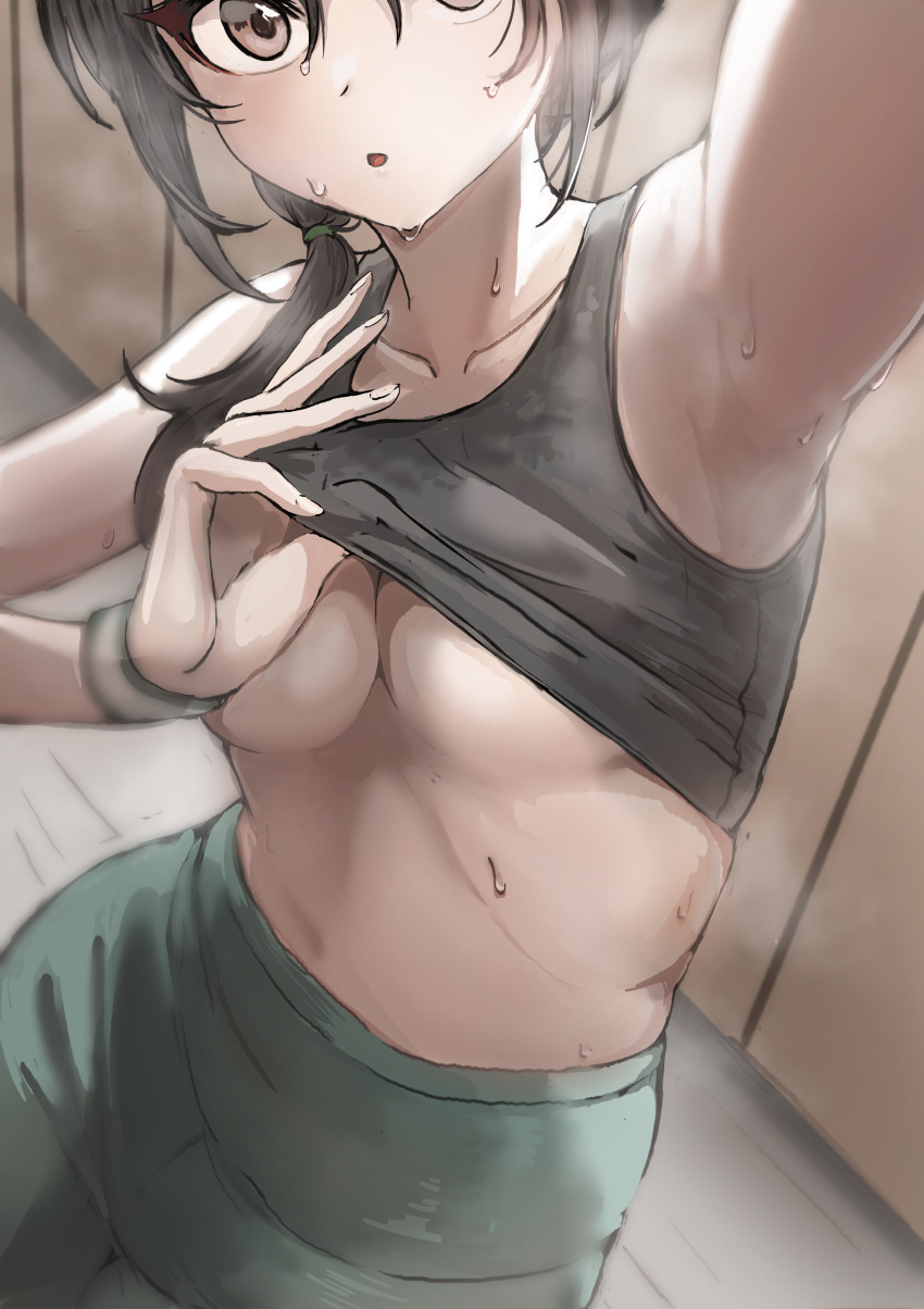 1girl absurdres aoki_kei armpits black_tank_top breasts cleavage clothes_lift collarbone commentary_request convenient_censoring green_pants highres idolmaster idolmaster_cinderella_girls looking_at_viewer medium_breasts pants revision shirt_lift short_ponytail side_ponytail solo steam steaming_body sweatdrop tank_top trainer_(idolmaster) underboob ushimochi wristband