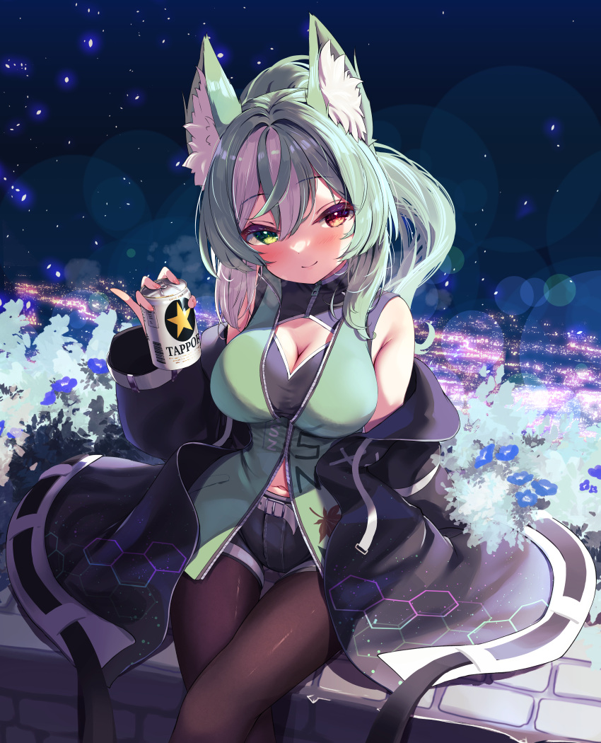 1girl absurdres animal_ear_fluff animal_ears black_coat blush breasts brown_pantyhose can character_request cleavage cleavage_cutout closed_mouth clothing_cutout coat commentary_request crossed_legs green_eyes green_hair green_shirt grey_hair hair_between_eyes heterochromia highres holding holding_can large_breasts long_hair looking_at_viewer multicolored_hair navel night night_sky nyahu_(nyahu_77) off_shoulder outdoors pantyhose shirt short_shorts shorts sitting sky sleeveless sleeveless_shirt smile solo streaked_hair zipper_pull_tab