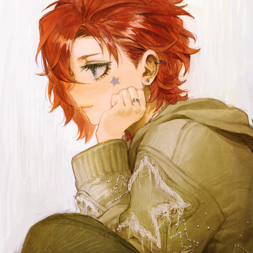 1girl absurdres asymmetrical_hair blue_eyes closed_mouth ear_piercing earrings eyelashes from_side green_jacket hair_behind_ear hair_ornament highres hood hood_down hooded_jacket idolmaster idolmaster_million_live! idolmaster_million_live!_theater_days jacket jewelry julia_(idolmaster) necklace piercing profile red_hair ring simple_background solo star_(symbol) star_on_cheek white_background yatatashira