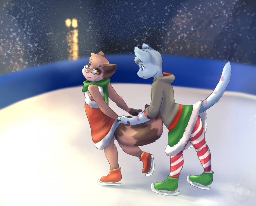 2017 anthro azure_(disambiguation) cainethelongshot cat clothed clothing crossdressing digital_media_(artwork) dress duo eyewear feline fluffy fluffy_tail fur girly glasses hair hand_holding haru hoodie ice ice_skates ice_skating legwear male male/male male?male mammal outside procyonid raccoon raised_tail skates skating skirt smile snow stripes tights