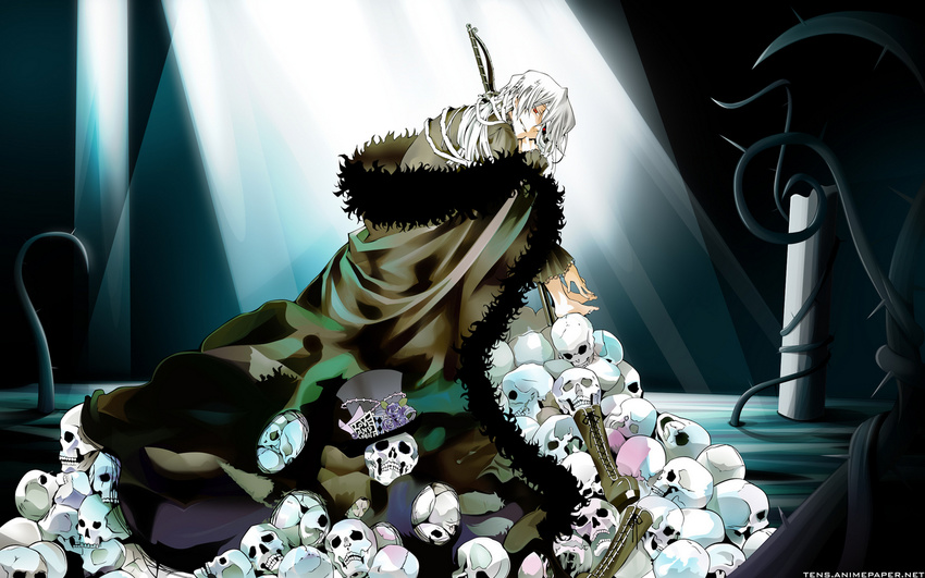 artist_request bandage_over_one_eye bandages cape hair_over_one_eye hat male_focus pandora_hearts red_eyes silver_hair sitting skull smile solo source_request sword top_hat wallpaper weapon xerxes_break