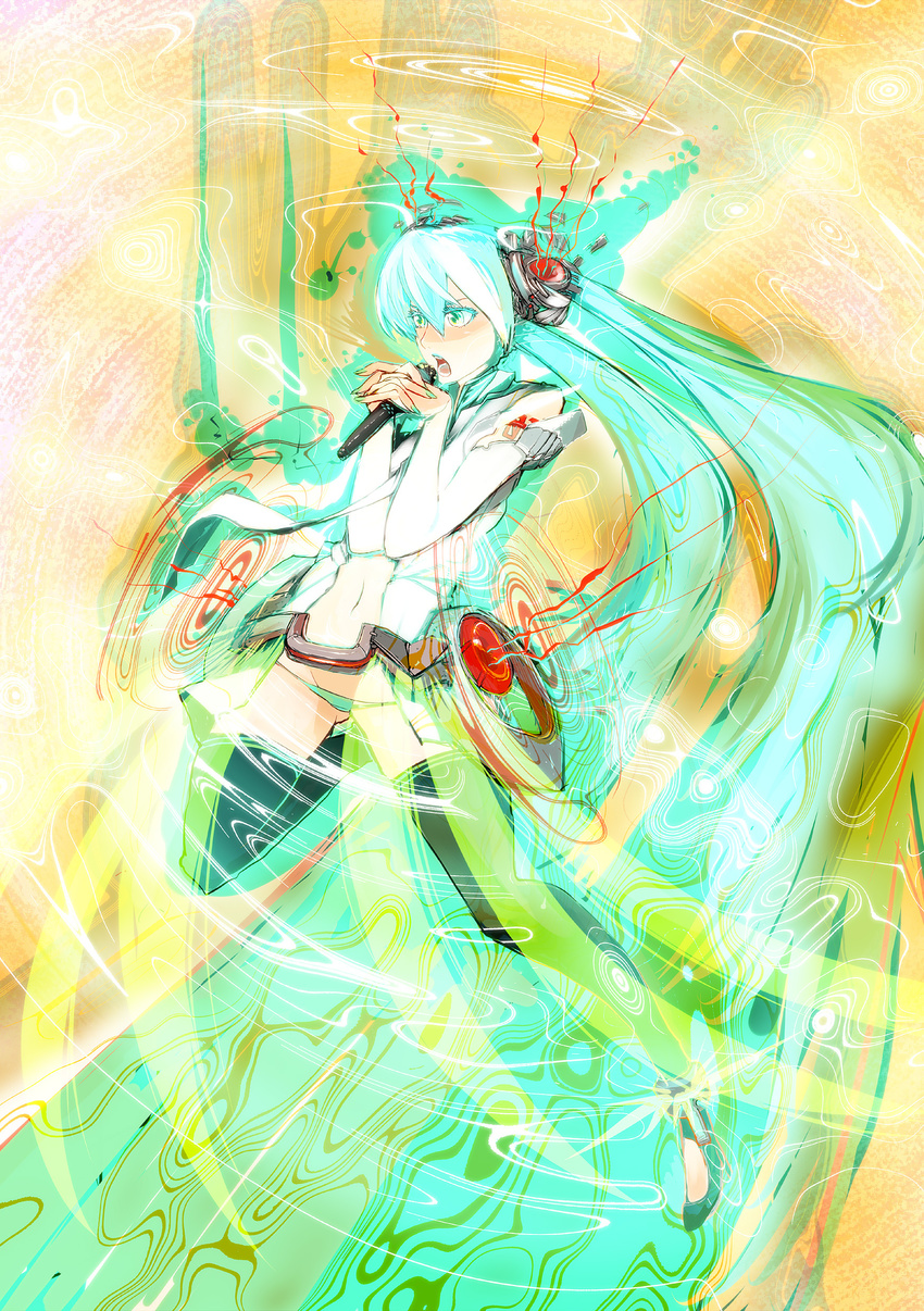 absurdres aqua_eyes aqua_hair hatsune_miku hatsune_miku_(append) highres long_hair microphone okina panties solo thighhighs underwear very_long_hair vocaloid vocaloid_append