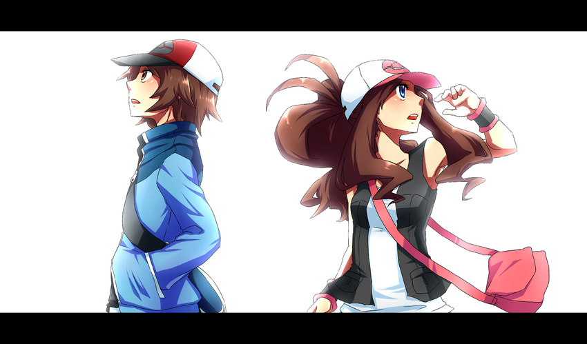 1girl antenna_hair bad_id bad_pixiv_id bag baseball_cap blue_eyes brown_eyes brown_hair hat jacket letterboxed looking_up pokemon pokemon_(game) pokemon_bw ponytail sayuma touko_(pokemon) touya_(pokemon) vest wristband