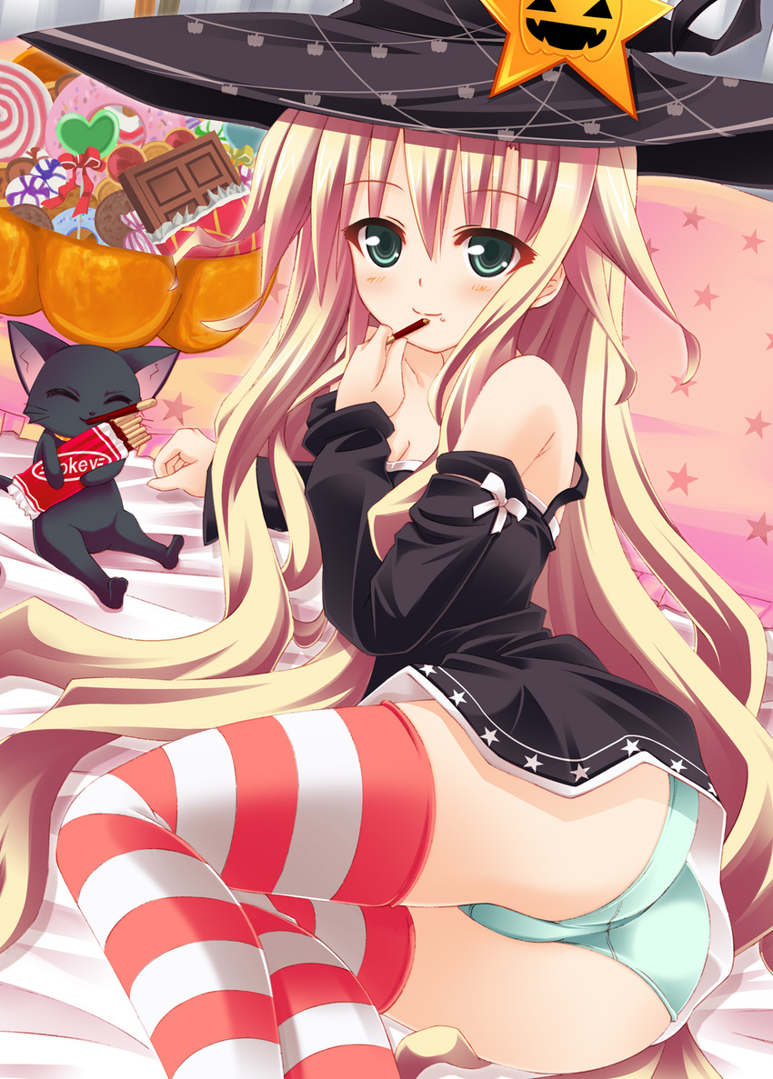 animal arm_support ass bare_shoulders bed_sheet blonde_hair breasts candy cat chocolate chocolate_bar cleavage closed_eyes dress eating food green_eyes green_panties halloween hat highres long_hair lying medium_breasts on_side original panties pocky sitting smile solo star striped striped_legwear thighhighs underwear usaginezumi very_long_hair witch_hat