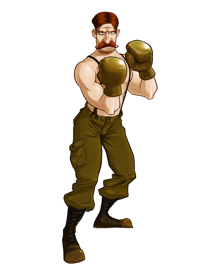 absurdres boots boxing boxing_gloves brown_hair facial_hair green_eyes highres male_focus manly muscle mustache official_art pants punch-out!! shirtless solo suspenders von_kaiser