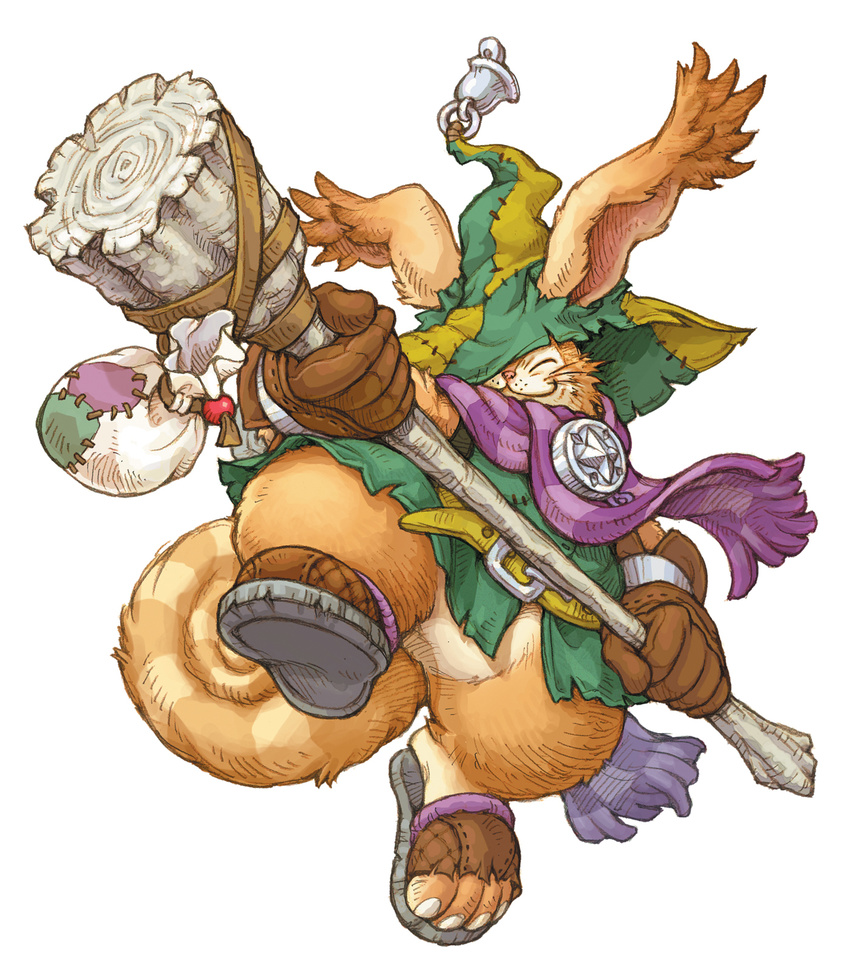 bell belt belt_buckle brown_footwear brown_gloves buckle children_of_mana closed_eyes closed_mouth freckles fringe_trim full_body gloves green_hat hammer hat highres holding holding_weapon official_art pouch purple_scarf scarf seiken_densetsu shoes solo stitches wanderer_(children_of_mana) weapon whiskers