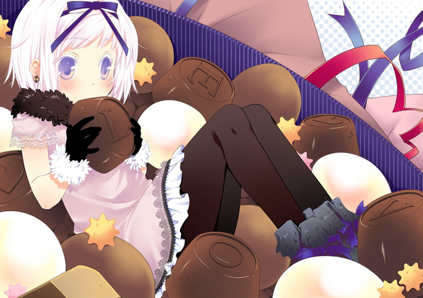 black_gloves boots candy checkerboard_cookie chocolate cookie dress earrings food gloves hair_ribbon in_food jewelry konpeitou lavender_eyes lavender_hair minigirl non-web_source original pantyhose ribbon solo yano_mirura