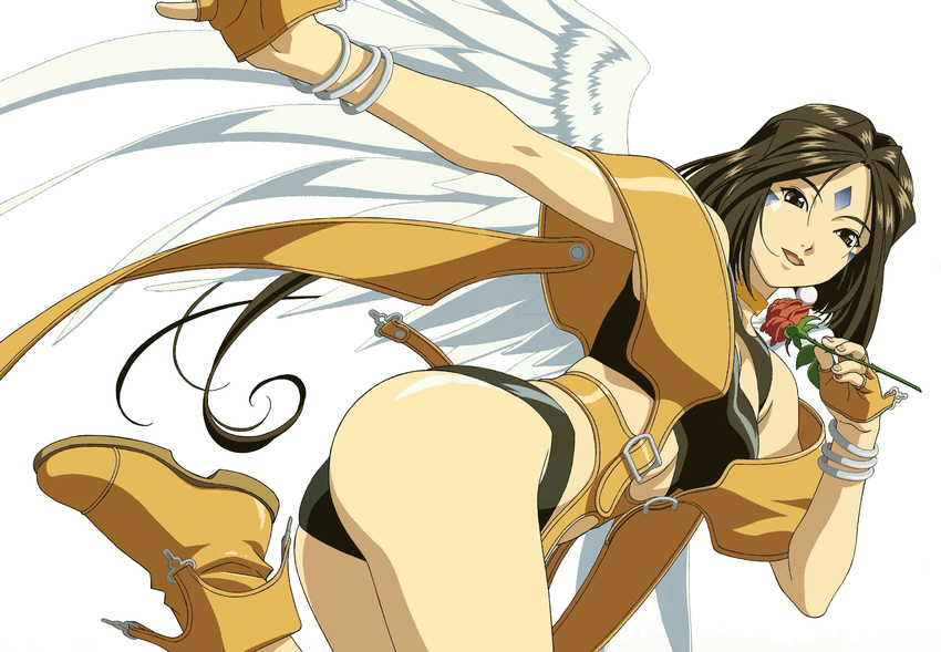 aa_megami-sama angel_wings ass bangle bikini bracelet breasts brown_eyes choker cleavage_cutout earrings facial_mark floating flower forehead_mark gloves goddess highres jewelry leather leather_belt leather_gloves long_hair looking_at_viewer medium_breasts peorth ponytail rose smile swimsuit very_long_hair wings