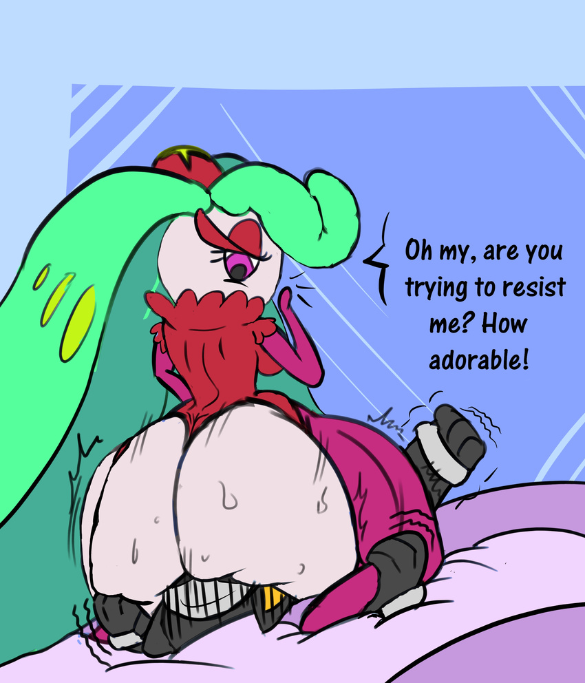 anthro big_butt bubble_butt butt canine colored dialogue domination facesitting female female_domination houndour huge_butt invalid_tag jmf32_(artist) looking_back male mammal nintendo plant pok&eacute;mon pok&eacute;mon_(species) sweat thick_thighs tsareena video_games wide_hips