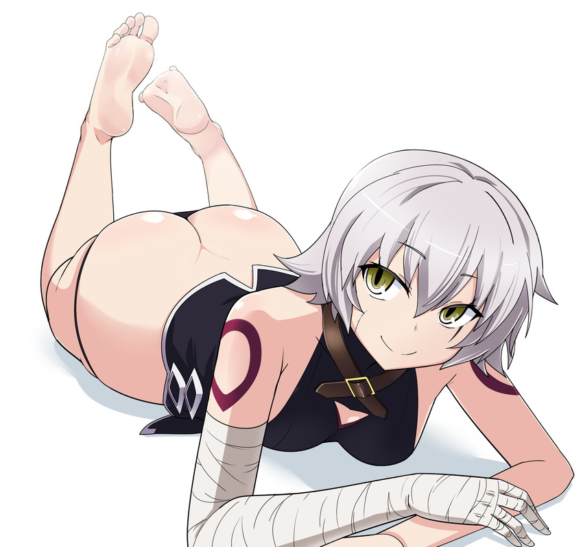 ass bandaged_arm bandages bare_shoulders barefoot black_panties body_blush breasts butt_crack fate/apocrypha fate_(series) feet green_eyes highres jack_the_ripper_(fate/apocrypha) looking_at_viewer lying on_stomach panimiiru panties scar scar_across_eye shiny shiny_hair shiny_skin short_hair sideboob silver_hair simple_background small_breasts smile soles solo stitches string_panties tattoo the_pose toes underwear white_background
