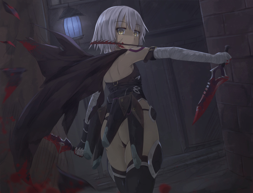ass bandaged_arm bandages black_coat black_legwear black_panties blood coat eyebrows_visible_through_hair facial_scar fate/apocrypha fate_(series) from_behind grey_hair hair_between_eyes highres hikari_niji holding holding_knife holding_weapon jack_the_ripper_(fate/apocrypha) knife looking_back mouth_hold outdoors panties scar short_hair solo underwear weapon yellow_eyes