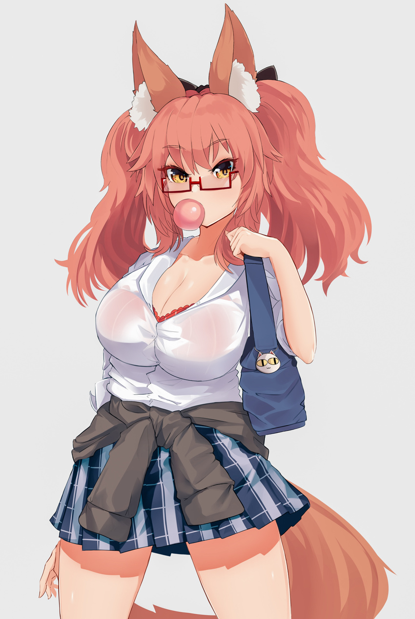 animal_ears bra caster_(fate/extra) ehrrr fate/extella fate/extra fate/stay_night megane see_through seifuku tail
