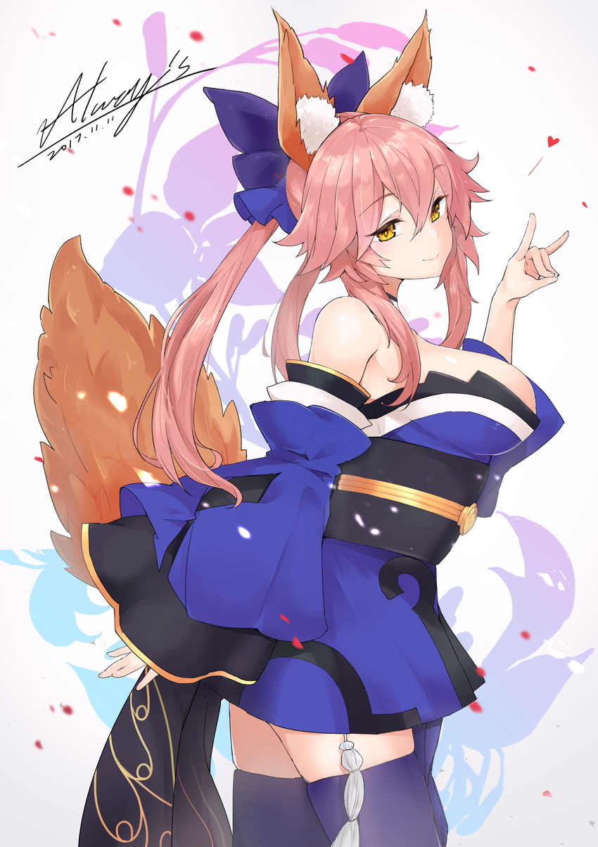 animal_ears caster_(fate/extra) cleavage fate/extra fate/stay_night japanese_clothes kitsune signed thighhighs xiaodi
