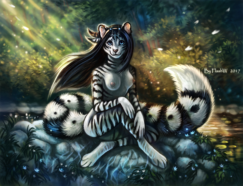 2017 4_toes 5_fingers ambiguous_gender anthro black_feathers black_fur black_hair black_markings black_stripes blue_eyes blue_flower breasts butt circlet day detailed_background digital_media_(artwork) digitigrade dipstick_tail feathers feline female flashw flower fluffy fluffy_tail front_view full-length_portrait fur hair hindpaw humanoid_hands inner_ear_fluff lily_pad long_mouth long_tail looking_at_viewer loose_feather mammal markings multicolored_feathers multicolored_tail nature nipples no_sclera nude orange_feathers outside particles paws pink_nipples pink_nose plant portrait reflection rock shadow shrub sitting smile snout solo striped_fur stripes sunlight tiger toes tree two_tone_feathers water_lily whiskers white_feathers white_flower white_fur white_tiger yenene