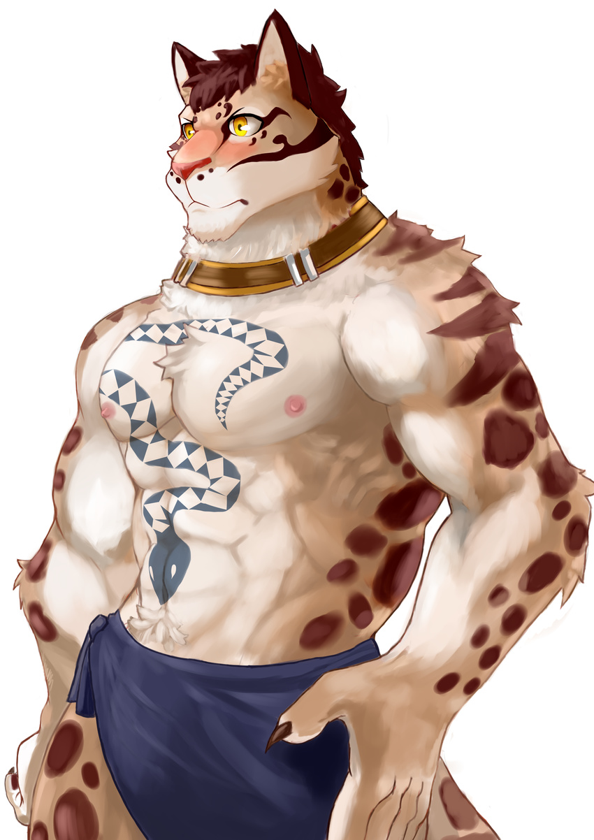 absurd_res claws clothed clothing clouded_leopard collar feline hi_res likulau male mammal muscular muscular_male nekojishi partially_clothed simple_background tattoo thigh_up topless white_background yellow_eyes メテメテ